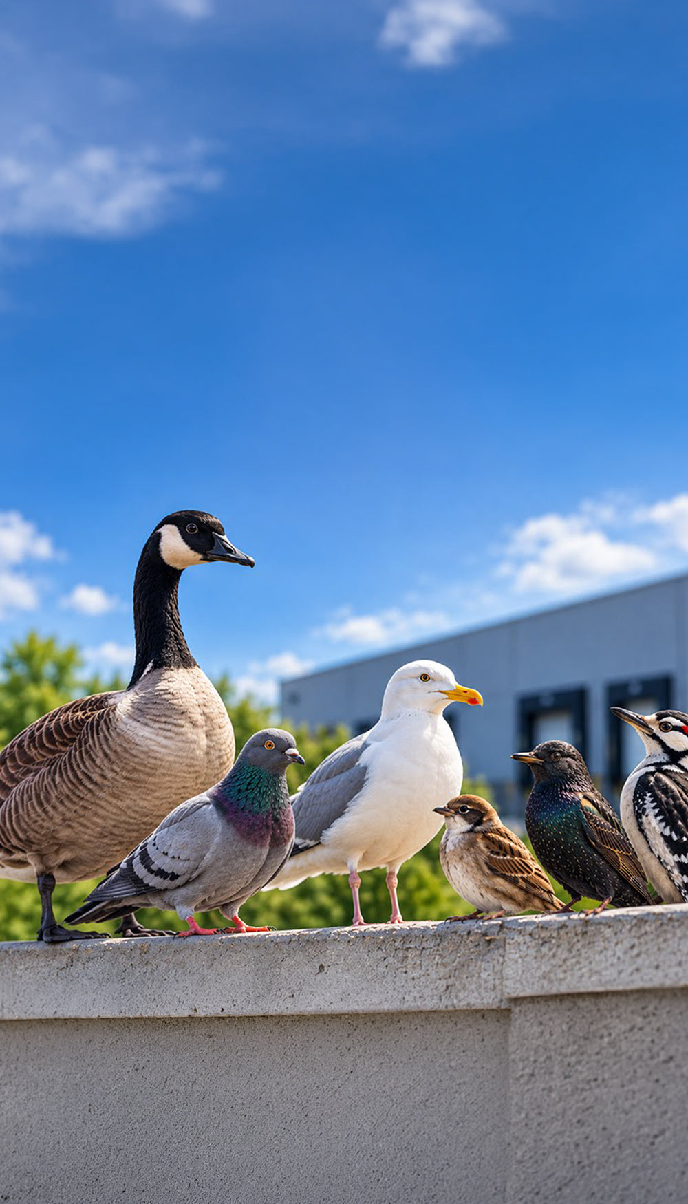 A Canada goose, a seagull, pigeons, a sparrow, a starling and a woodpecker perched in a row along a concrete ledge, with a commercial building behind them.