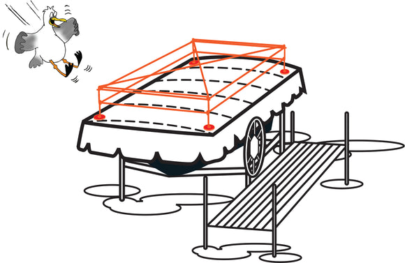 Line illustration of a boat hoist canopy fitted with the Seagull Stopper, showing posts and lines above the canopy and a gull unable to land.