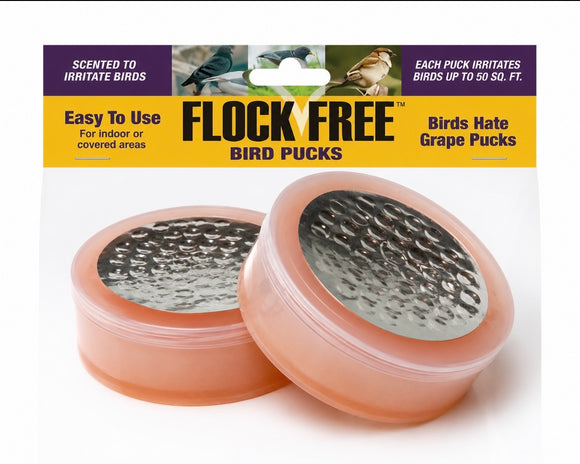 Retail pack of Flock Free Scent Pucks: two round peach-colored pucks with dimpled metal tops on a header card reading Flock Free Bird Pucks, Scented to Irritate Birds, Birds Hate Grape Pucks.